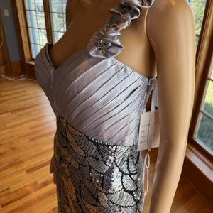 * Cinderella Silver 1 Shoulder Empire Waist Beaded Formal Prom Gown Dress Size 8